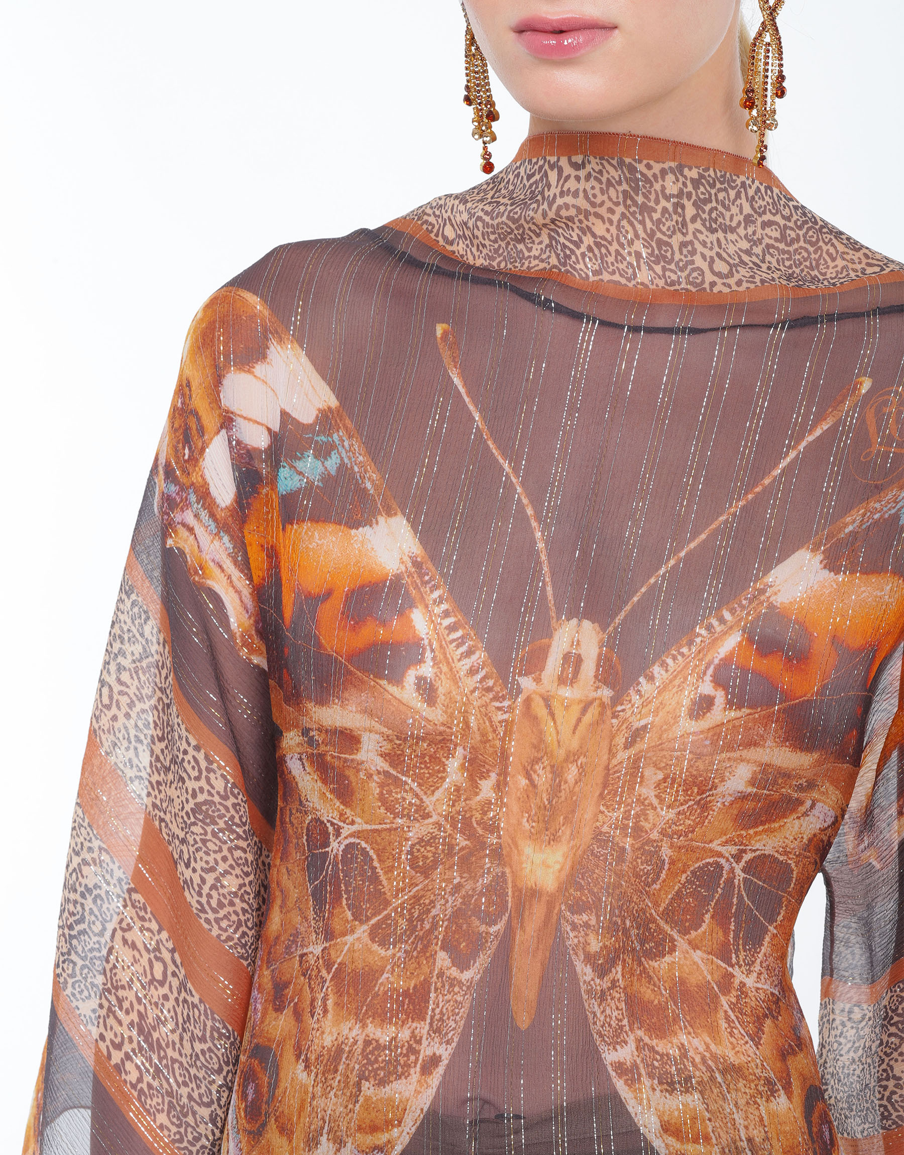 Butterfly print silk and lurex backless tunic